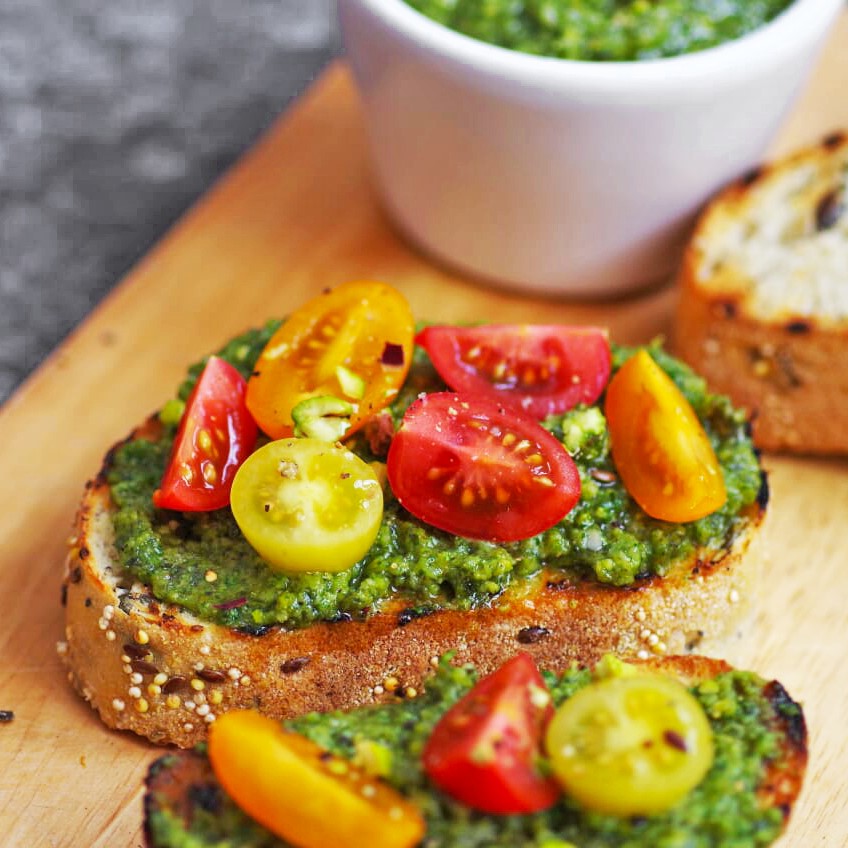 Pistachio pesto bruschetta